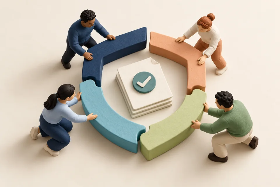 A team assembling a protective system around verified quality documents