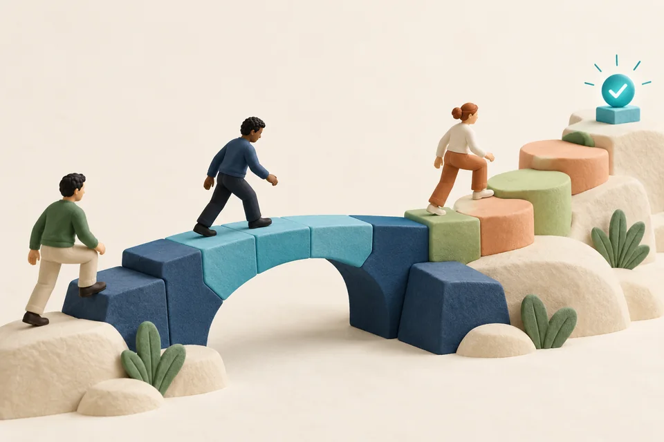A team crossing a strong bridge and climbing toward continuous improvement
