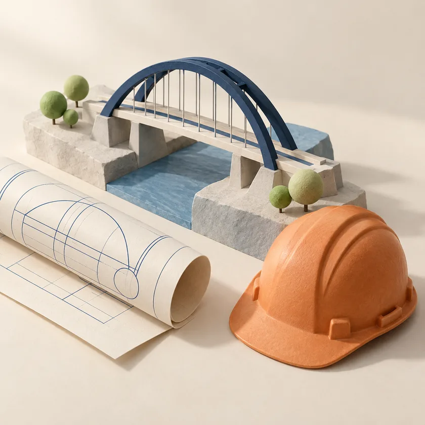 A bridge model, engineering plans and a protective hard hat.