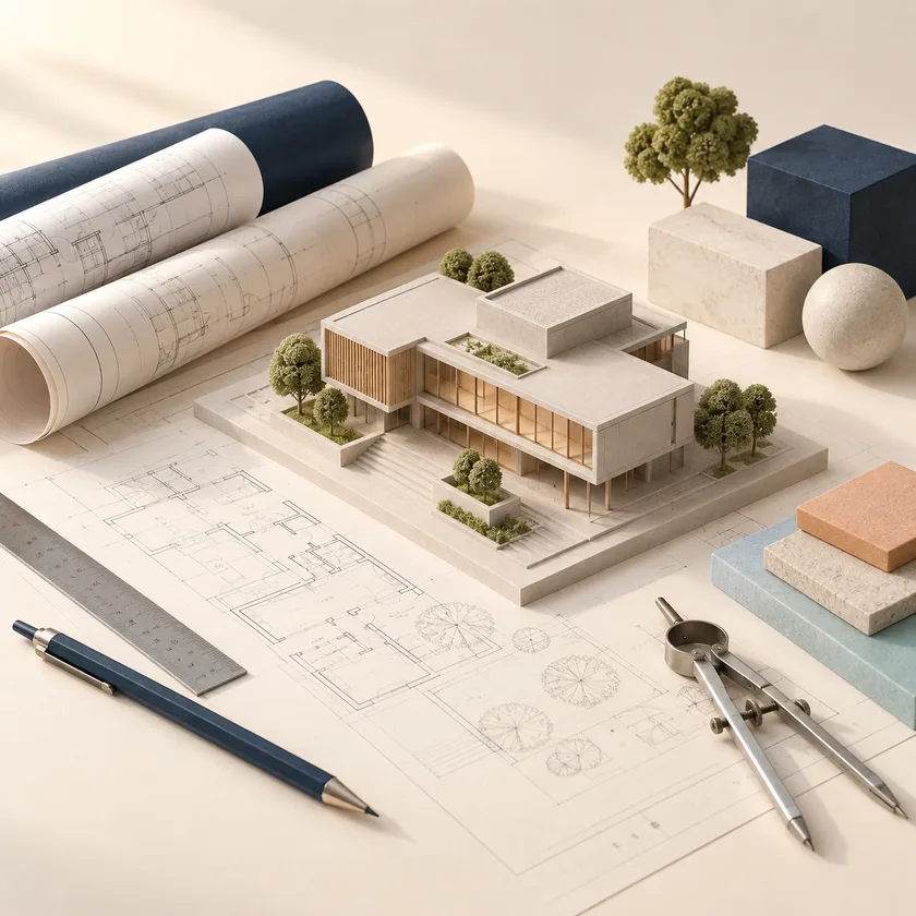 An editorial illustration of building model, rolled plans and drawing tools.