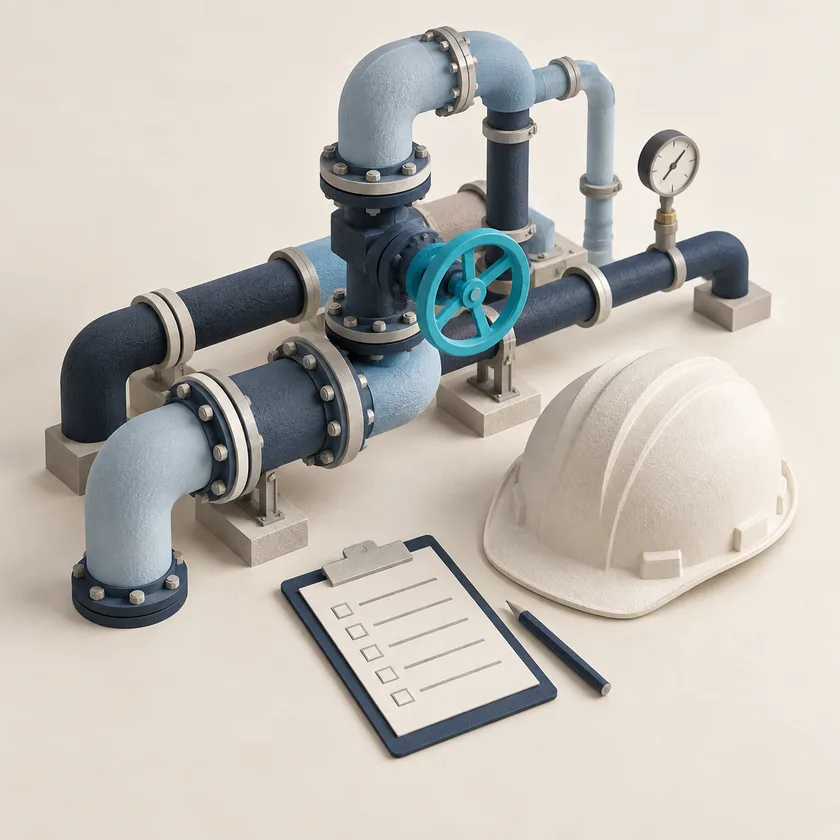 An editorial illustration of mechanical pipework model, safety helmet and inspection card.