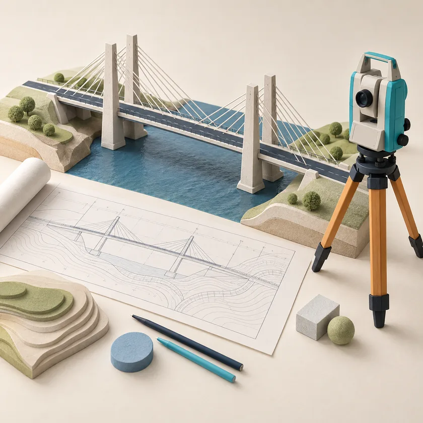 An editorial illustration of bridge model, engineering plan and survey instrument.