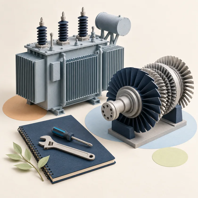 An editorial illustration of power transformer, turbine component and maintenance notebook.