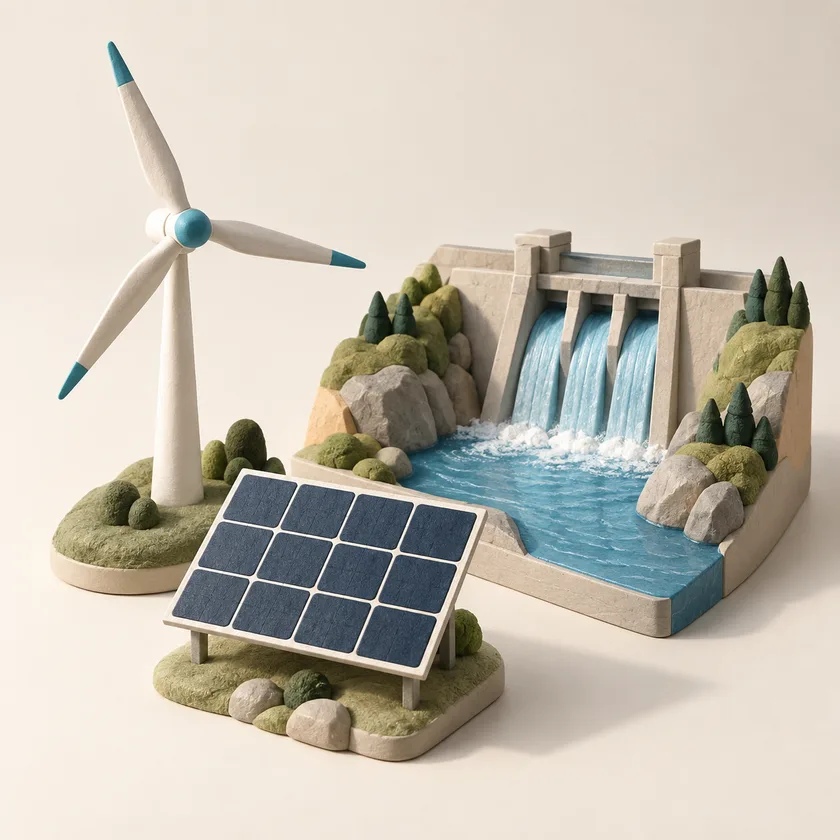 An editorial illustration of wind turbine, solar panel and hydroelectric model.