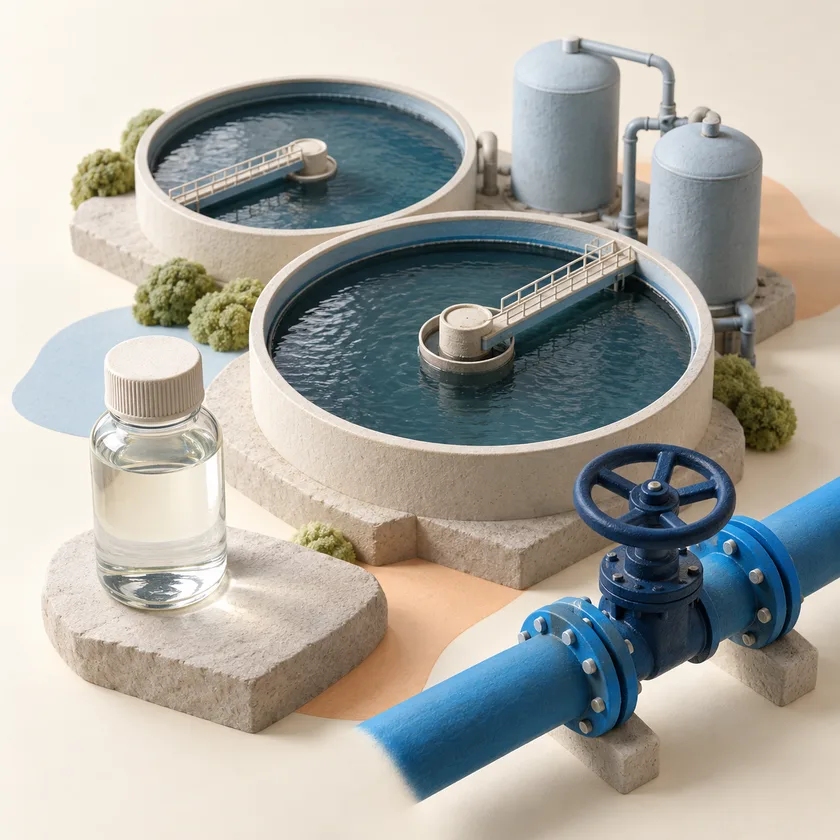 An editorial illustration of water treatment tanks, sample bottle and blue pipe valve.
