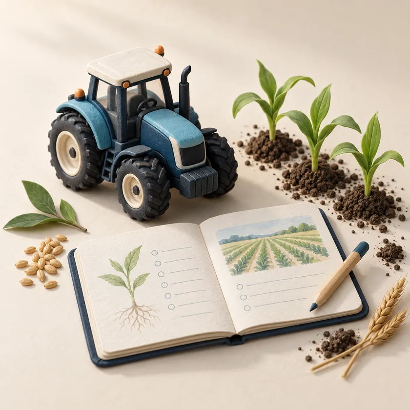 An editorial illustration of tractor miniature, crop seedlings and field log.