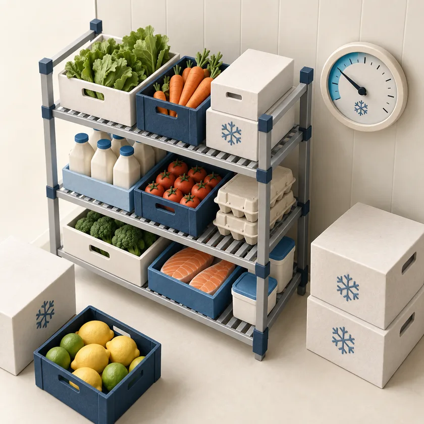 An editorial illustration of cold-room shelving, food cartons and temperature gauge.