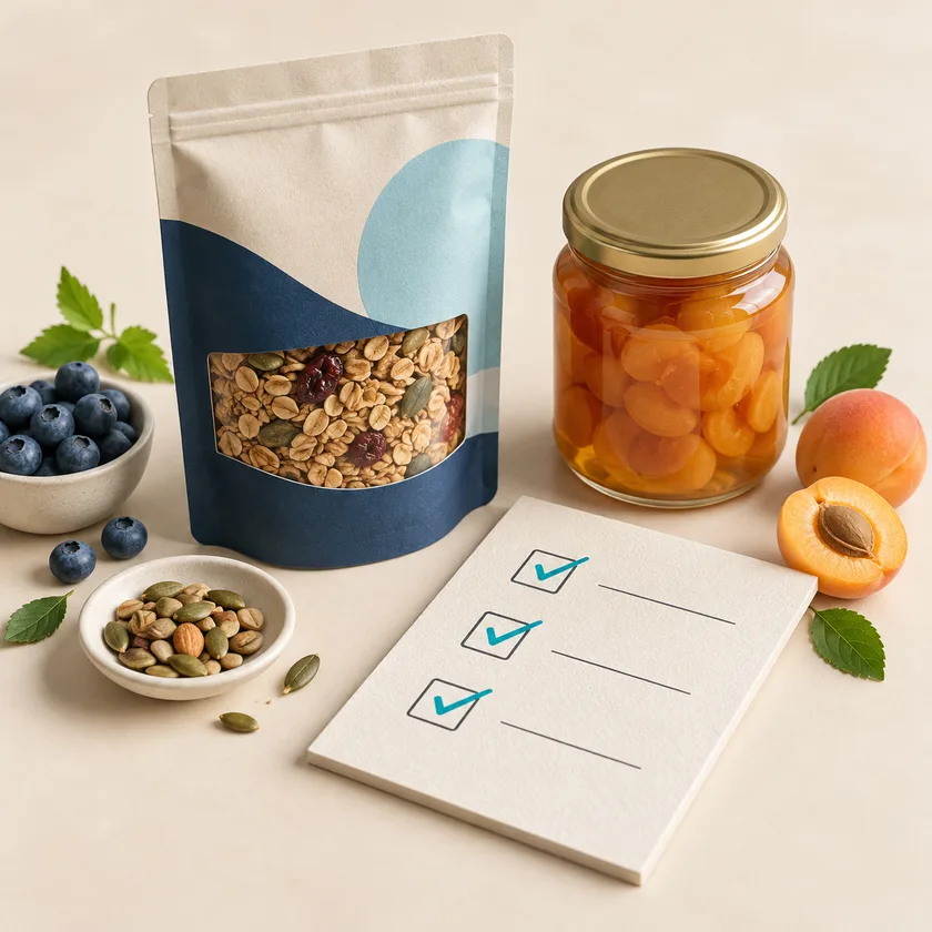 An editorial illustration of food package, sealed jar and quality checklist.