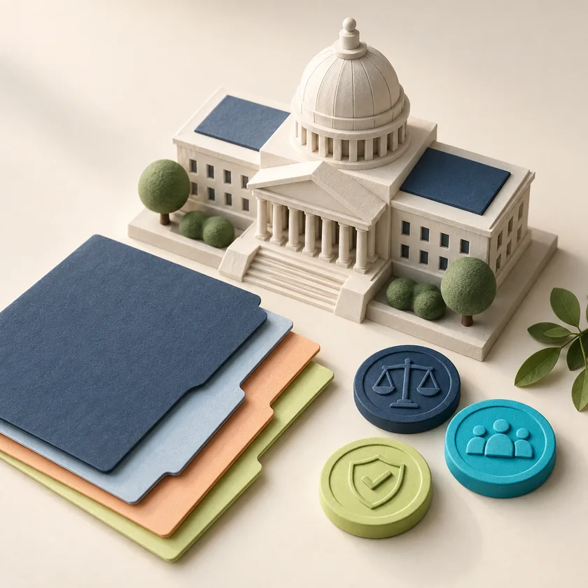 An editorial illustration of civic building, program folders and accountability tokens.