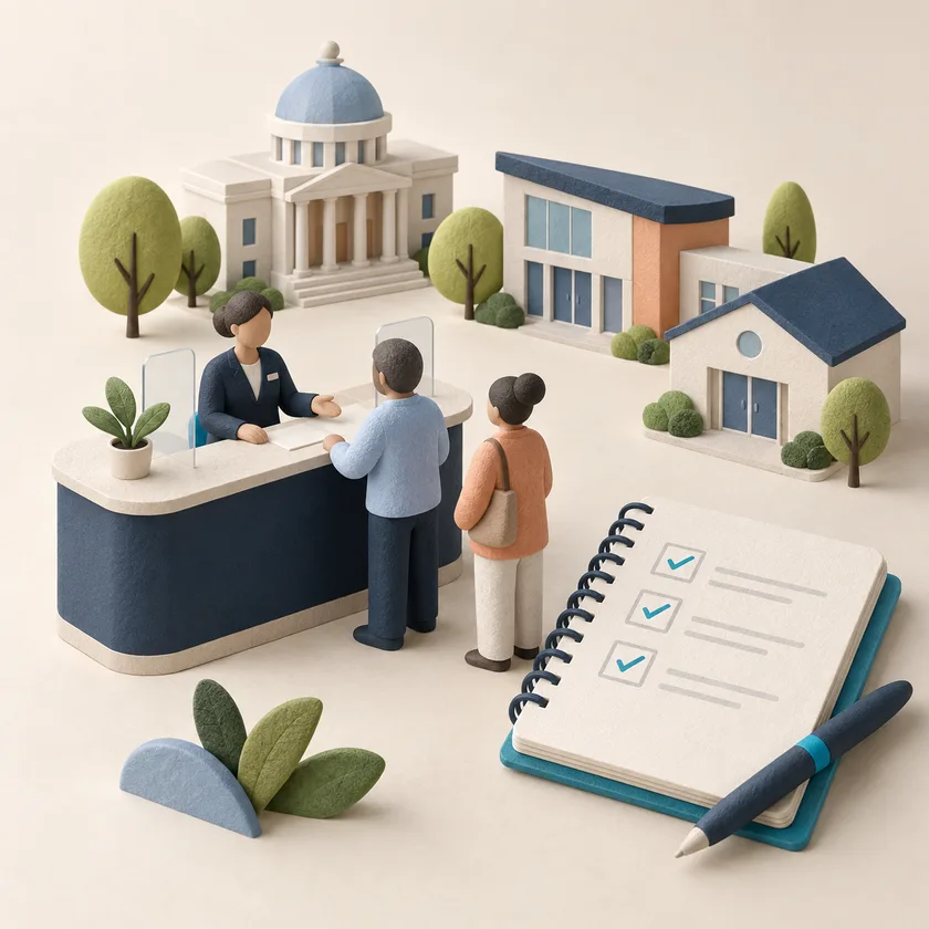 An editorial illustration of public service counter, community buildings and review notebook.