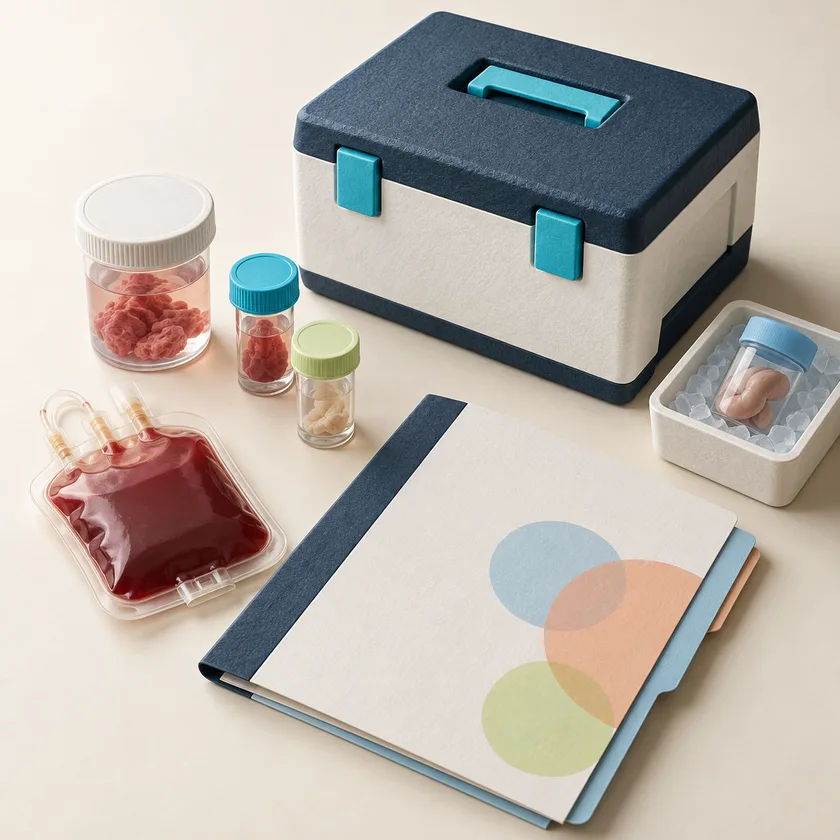 An editorial illustration of sealed specimen containers, cold storage box and procedure folder.