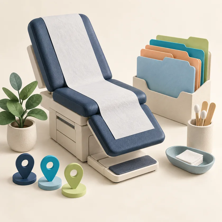 An editorial illustration of clinic examination chair, organized folders and site markers.