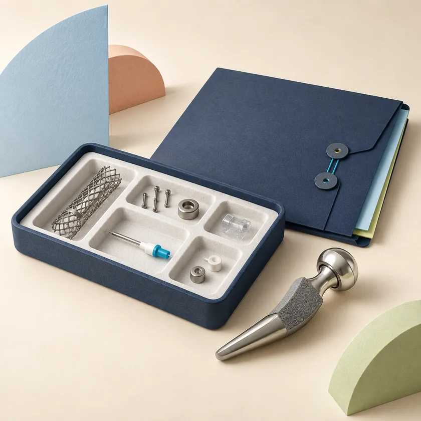 An editorial illustration of medical device component, inspection tray and controlled folder.