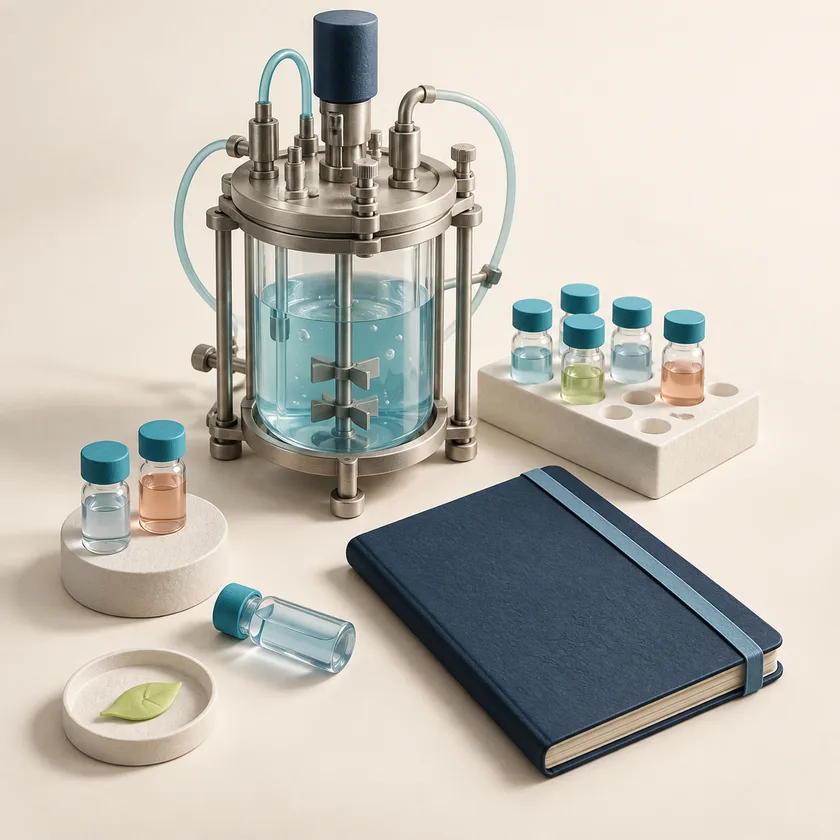An editorial illustration of bioreactor vessel, sample vials and quality notebook.