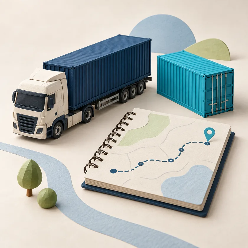 An editorial illustration of freight truck, shipping container and route notebook.