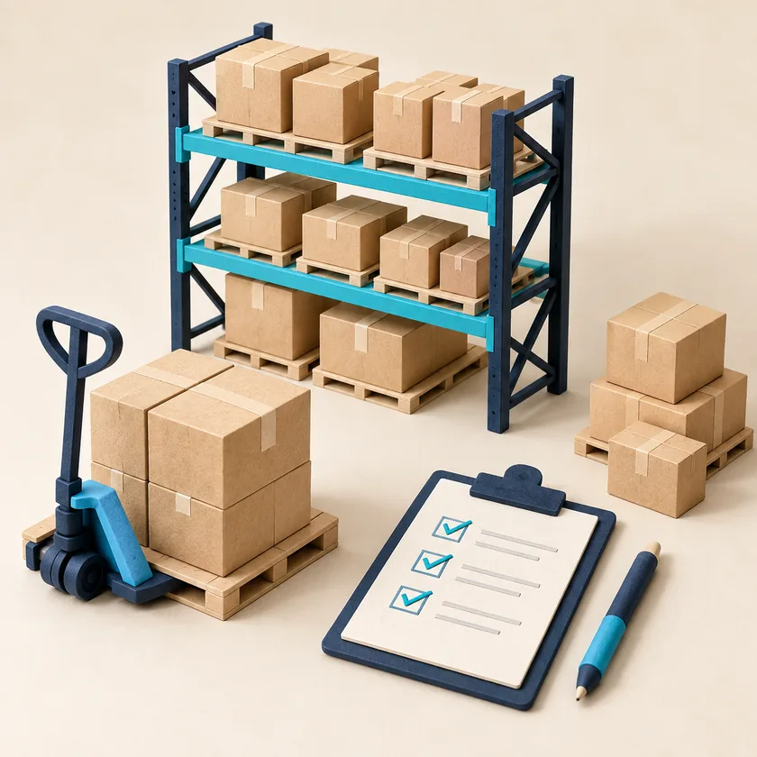 An editorial illustration of warehouse shelving, cartons and receiving checklist.