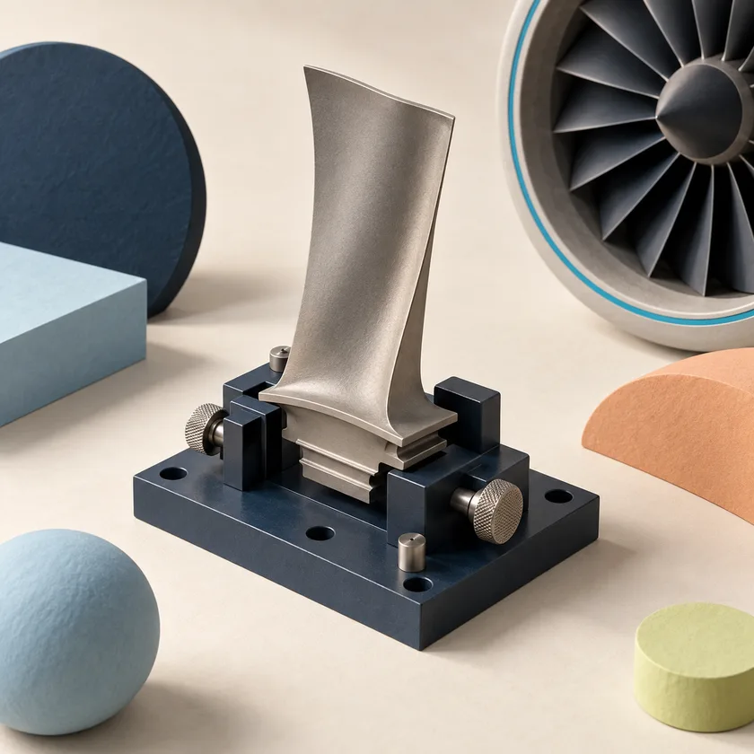 An editorial illustration of aircraft turbine blade and precision inspection fixture.