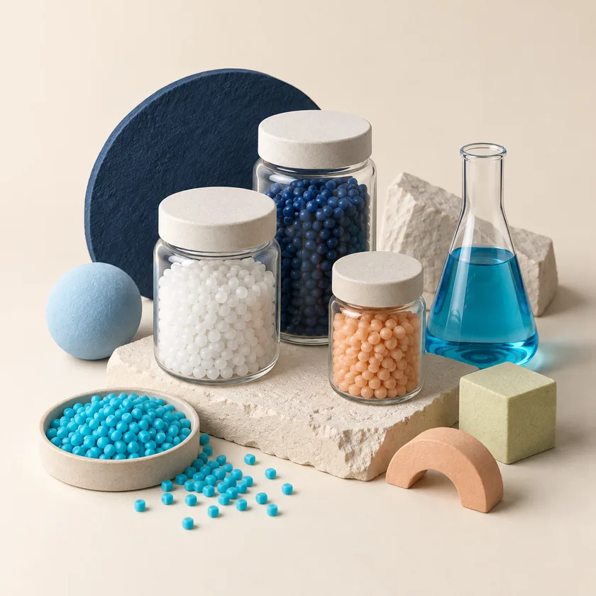 An editorial illustration of sealed material jars, polymer pellets and a blue flask.