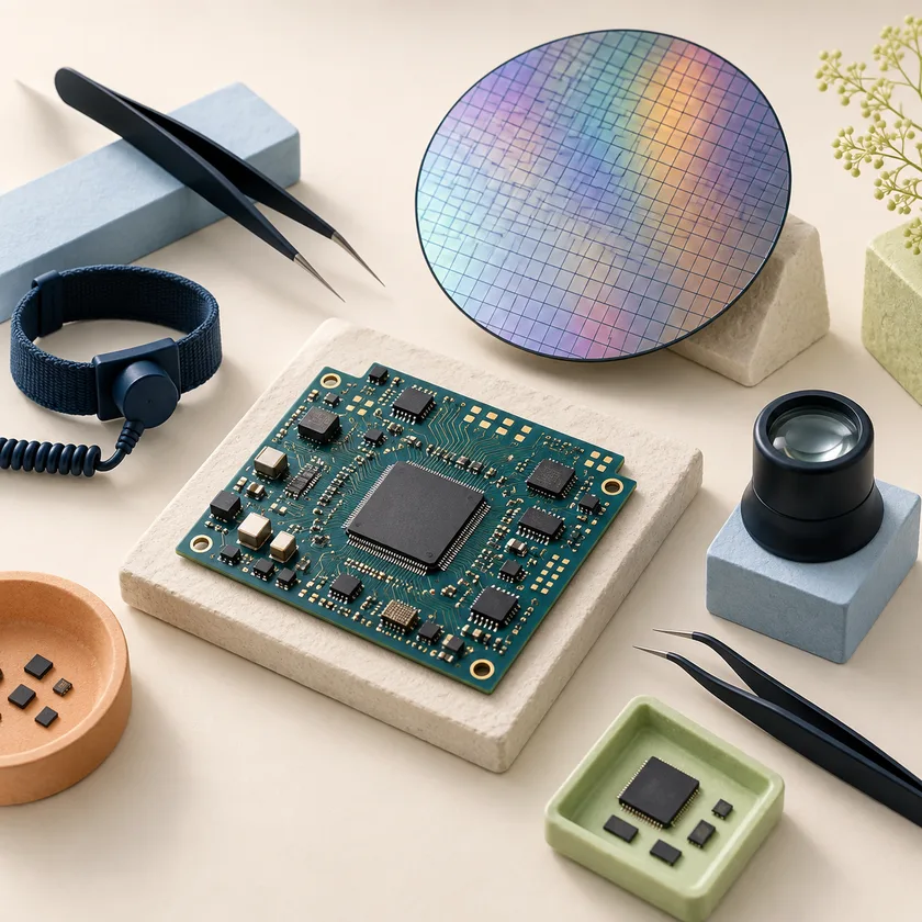 An editorial illustration of circuit board, chip wafer and antistatic inspection tools.