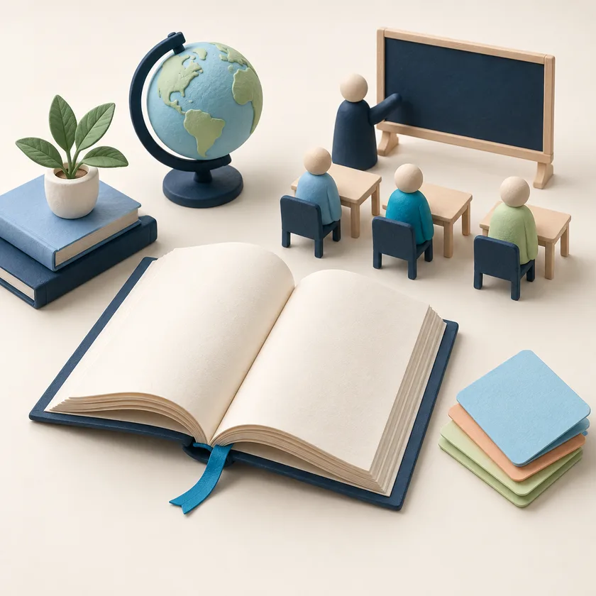 An editorial illustration of open learning book, classroom model and review cards.