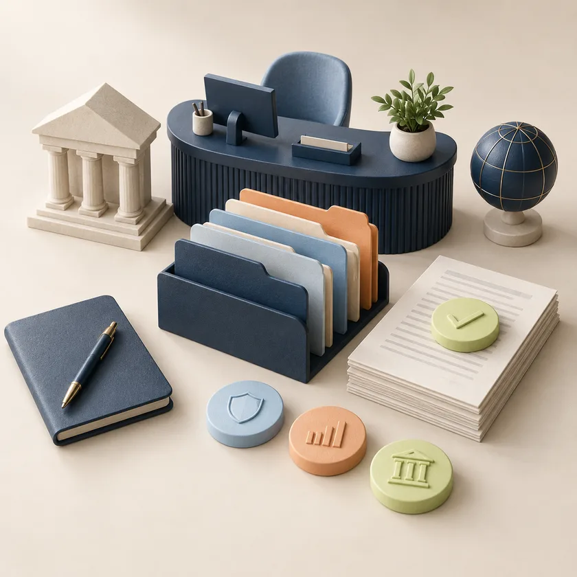 An editorial illustration of service desk model, controlled folders and review tokens.