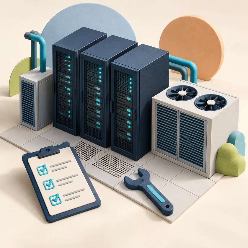 An editorial illustration of server racks, cooling equipment and maintenance card.