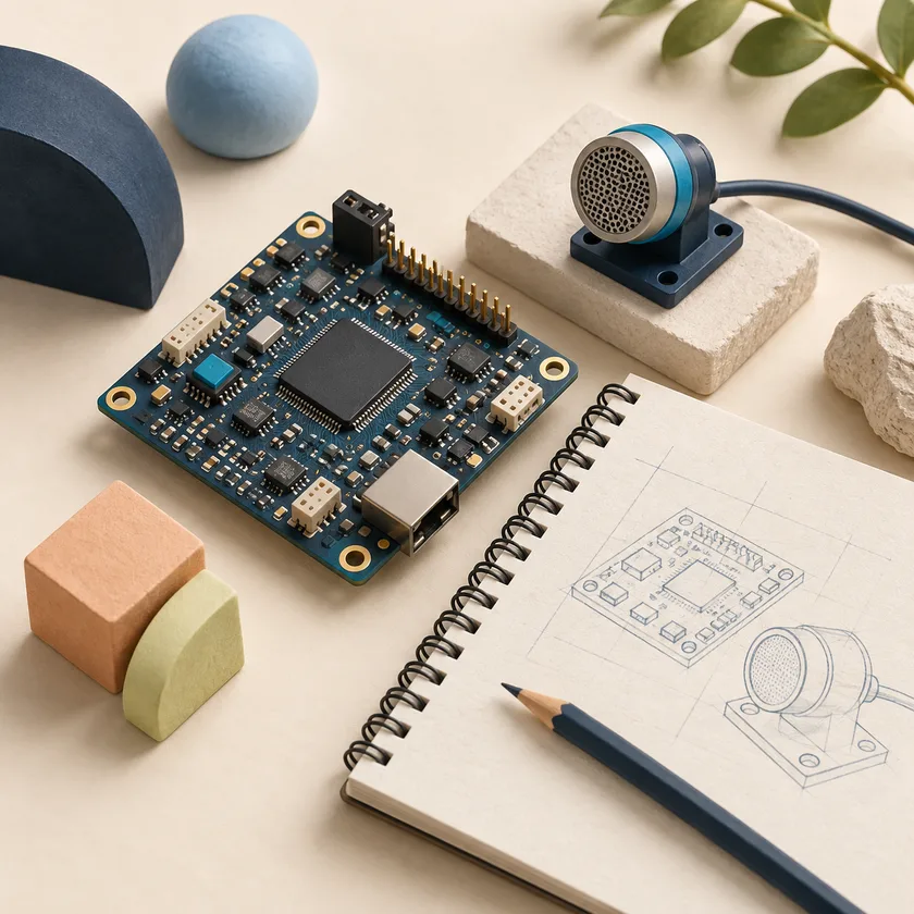 An editorial illustration of embedded circuit board, sensor and engineering notebook.