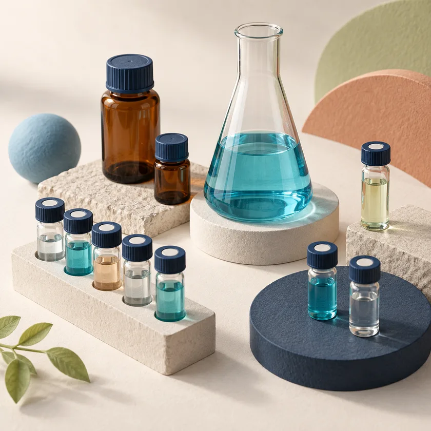 An editorial illustration of chromatography vials, analytical flask and reference bottles.