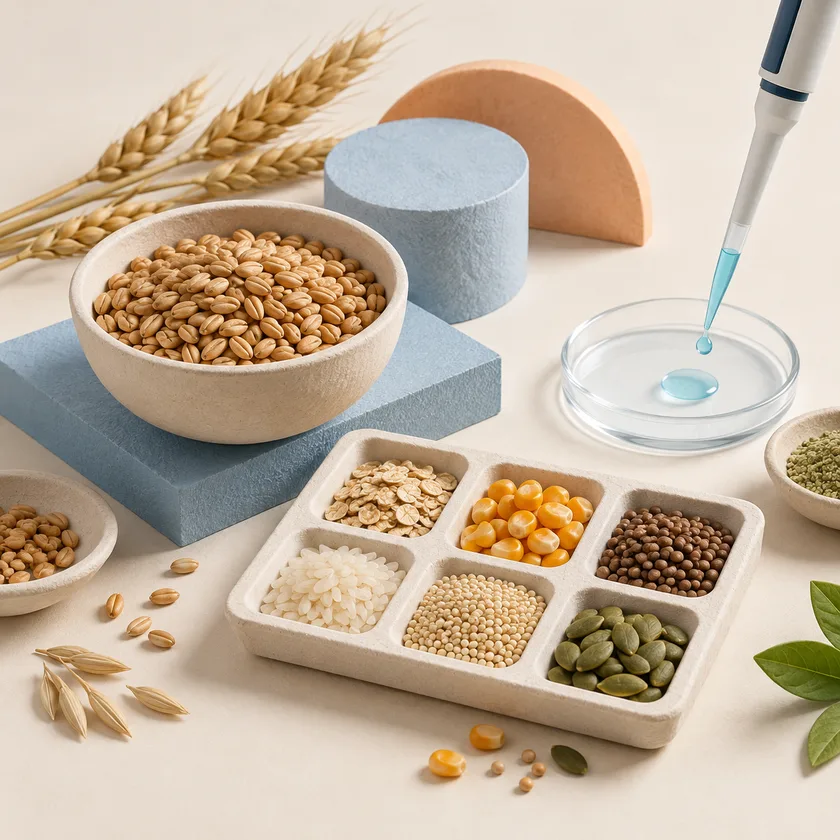 An editorial illustration of grain specimen, food sample tray and laboratory pipette.