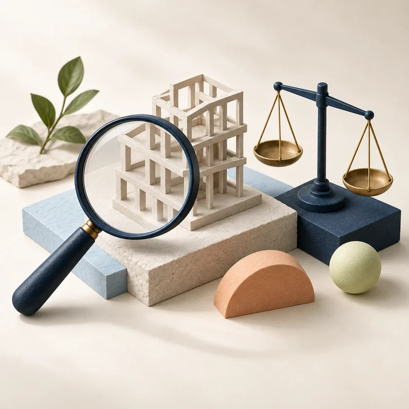 An editorial illustration of inspection magnifier, structural model and impartiality balance.