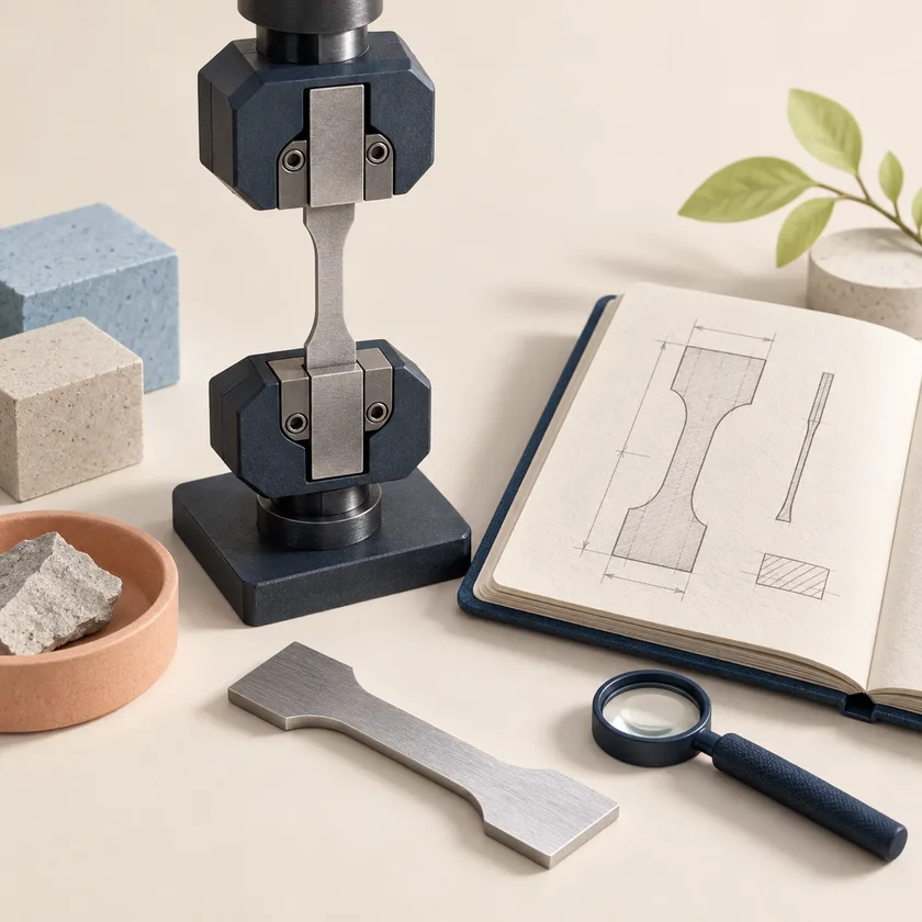An editorial illustration of material test coupon, tensile fixture and inspection notebook.