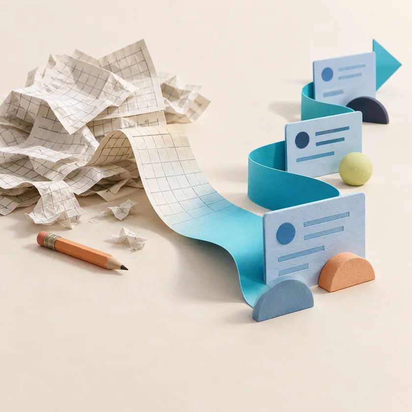 A paper grid gently unfurls into orderly blue record cards and a cyan workflow ribbon, a small apricot pencil left behind.