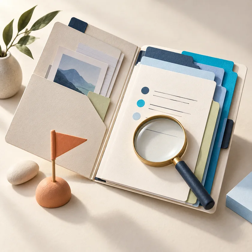 An open ivory evidence folio with neatly organized blue dividers, magnifying glass and an apricot milestone flag.