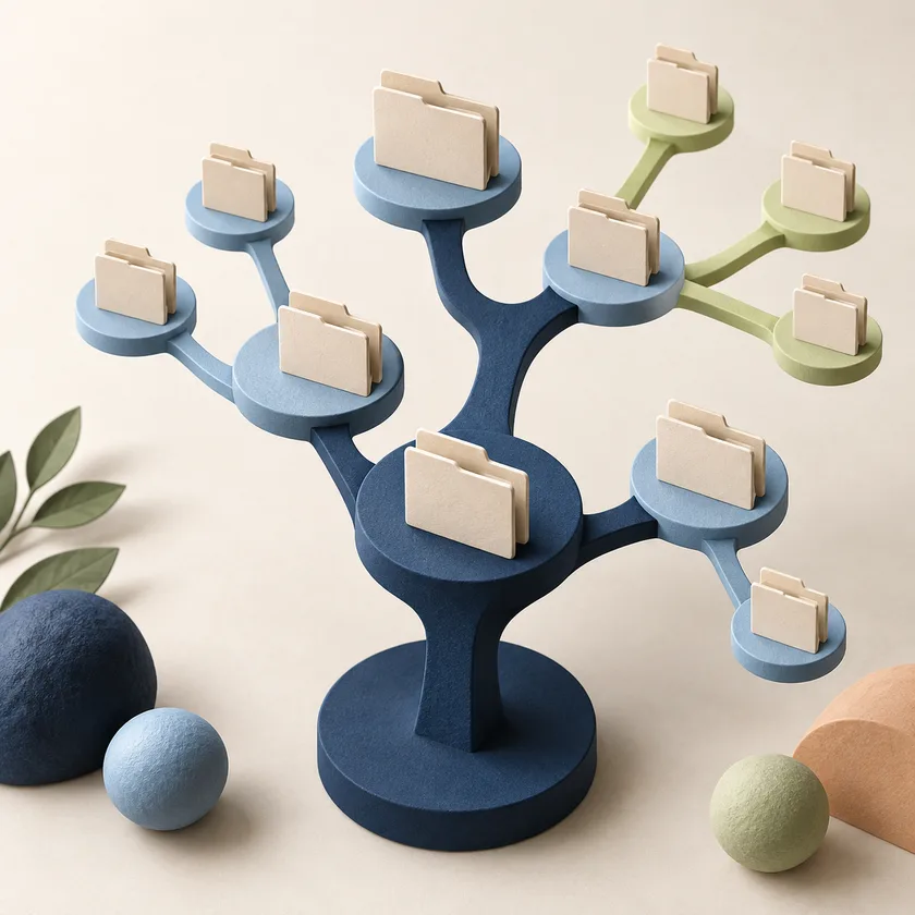 A blue branching tree made of connected geometric platforms supporting matching ivory folders, with new pale green branches.