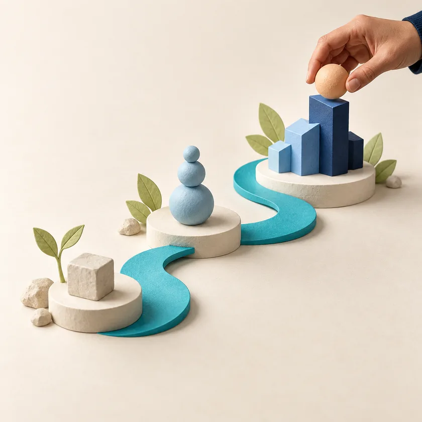 A winding cyan path crossing three ivory milestones from simple foundation to a growing blue structure.