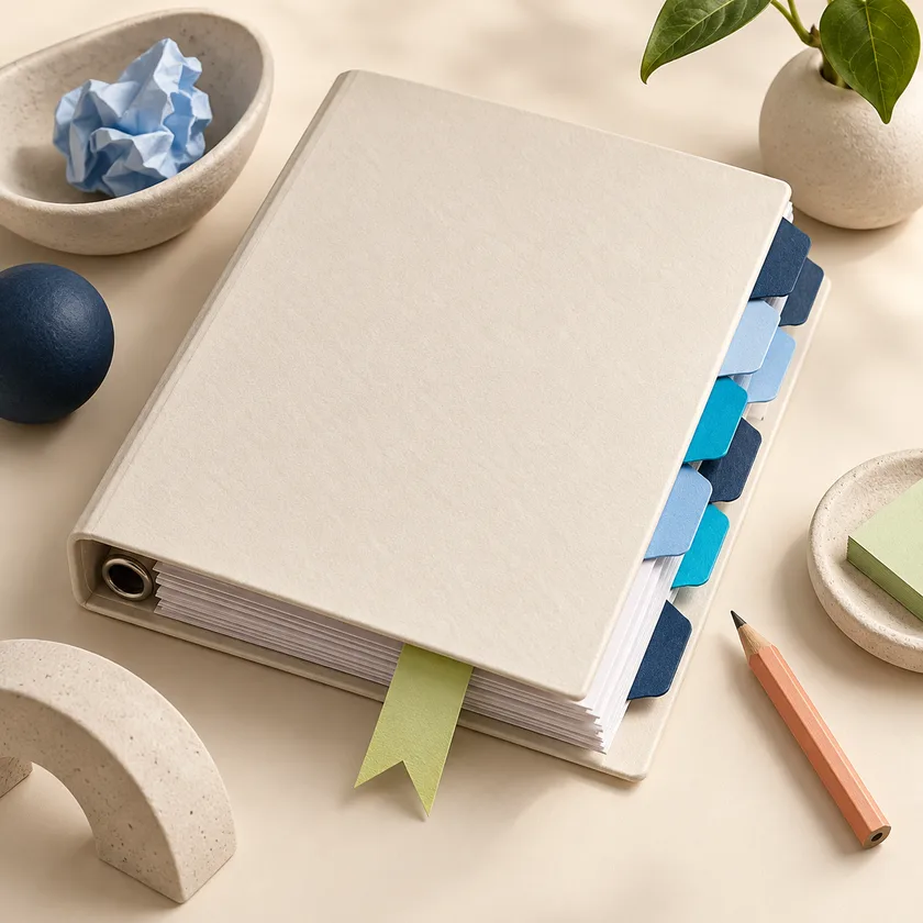 An ivory revision binder with blue tabs, an apricot editing pencil and a green release bookmark.