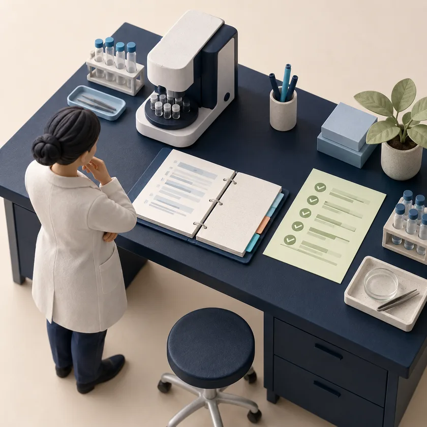 A miniature navy laboratory bench seen from above with a precision instrument, organized method binder and pale green readiness chart.