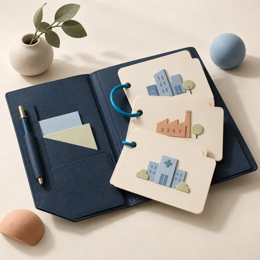 An open navy consulting portfolio with three separate ivory client folders connected by a blue key ring.