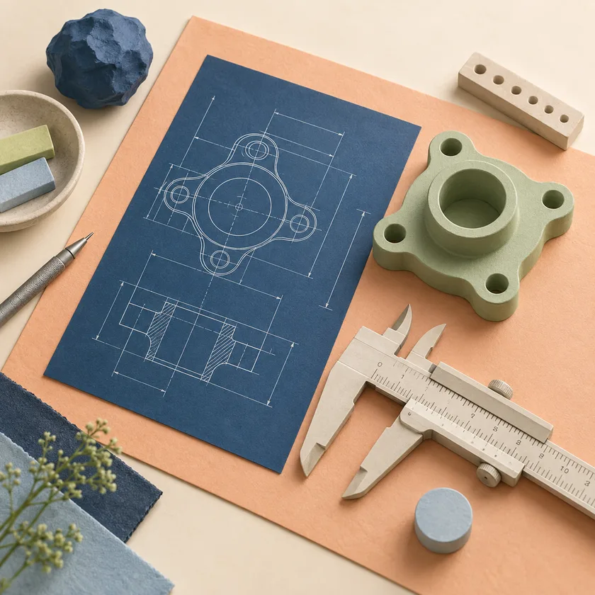 A detailed blue method drawing, ivory measurement tool and pale green reference specimen arranged on an apricot work mat.