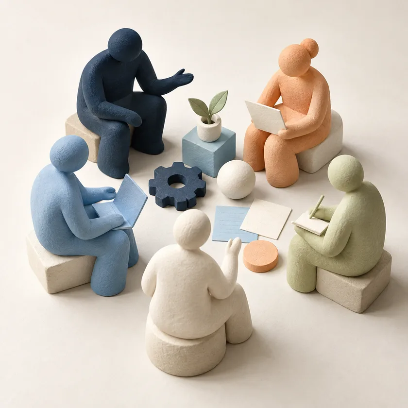 Five distinct abstract human figures in navy, blue, ivory, apricot and pale green around an open circle with work objects.