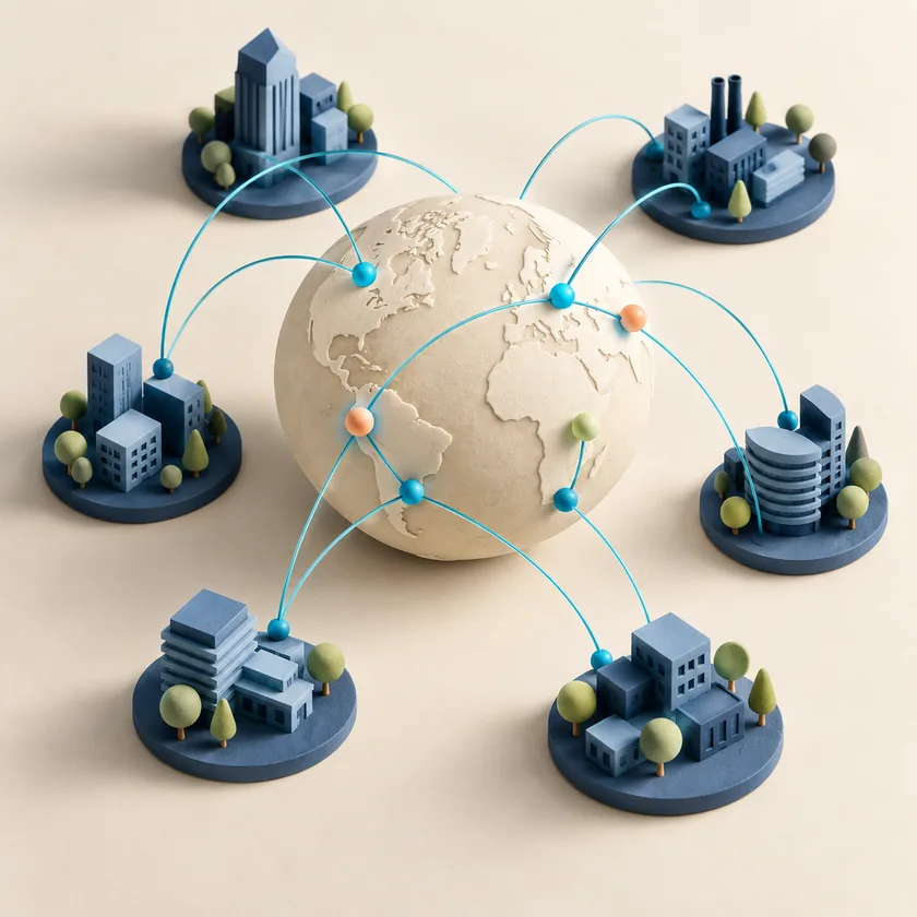 A miniature ivory globe surrounded by six blue site markers connected with fine cyan arcs, a few apricot and green markers.