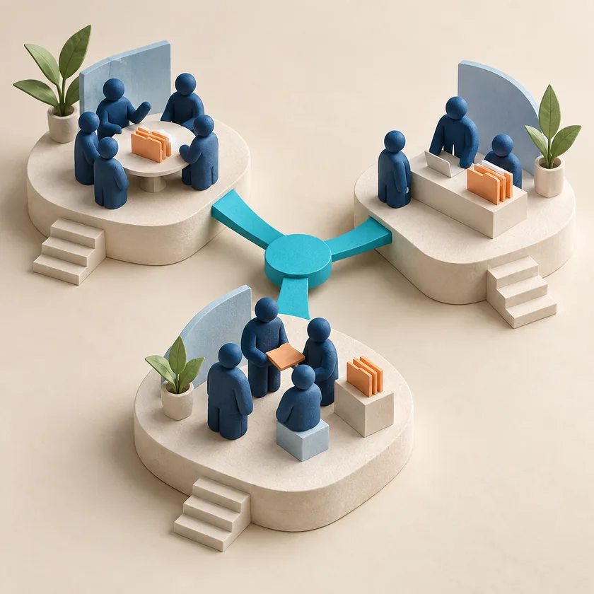 Three coordinated departments depicted as ivory platforms with grouped blue figures and orange folders connected by cyan paths.