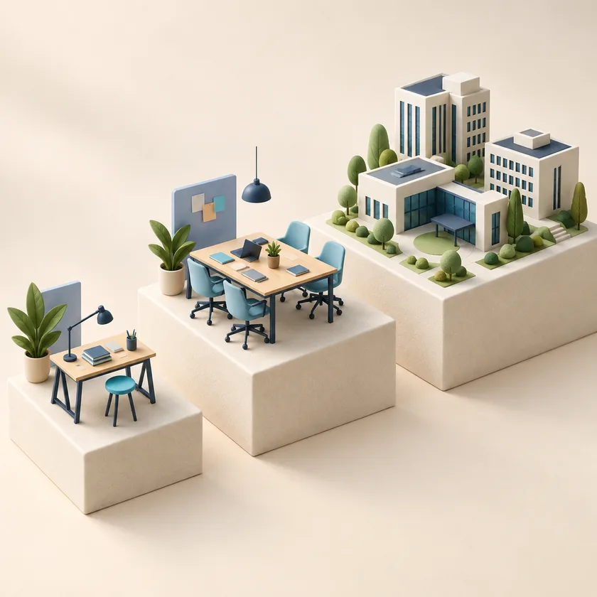 An orderly progression of one small workbench, a medium team workspace and a multi-building campus on ivory plinths.