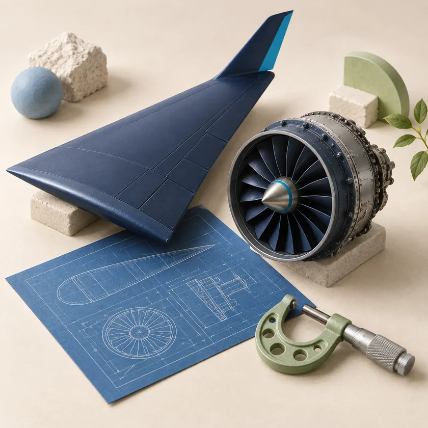 A miniature navy aircraft wing and turbine component beside a blue engineering drawing and pale green inspection gauge.