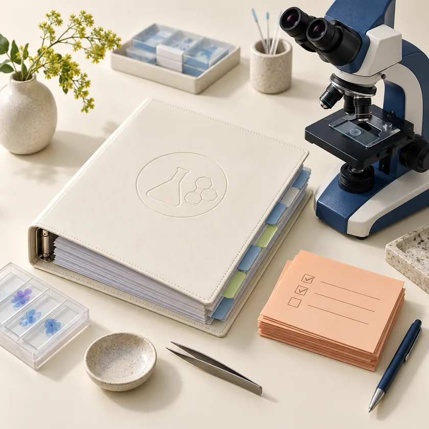 An ivory clinical laboratory evidence binder beside a blue slide microscope and apricot peer-review cards.
