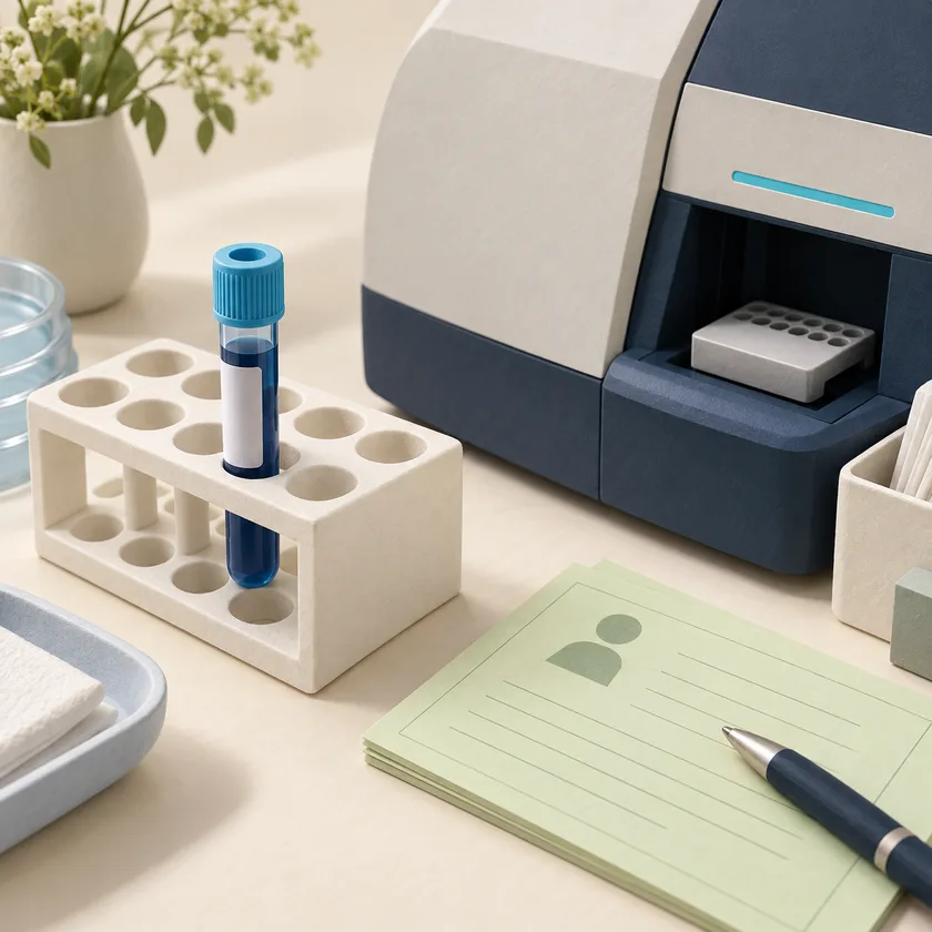 A blue specimen tube in an ivory rack beside a clinical testing instrument and pale green personnel record card.