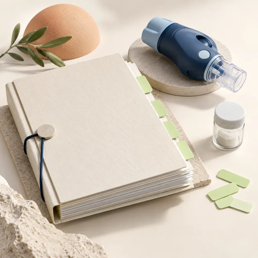 An ivory product-quality dossier beside a blue medical device component, a sealed sample jar and pale green review tabs.