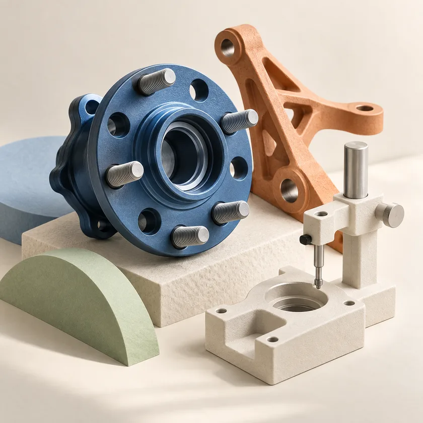 A stylized blue automotive wheel hub, apricot machined bracket and ivory inspection fixture.