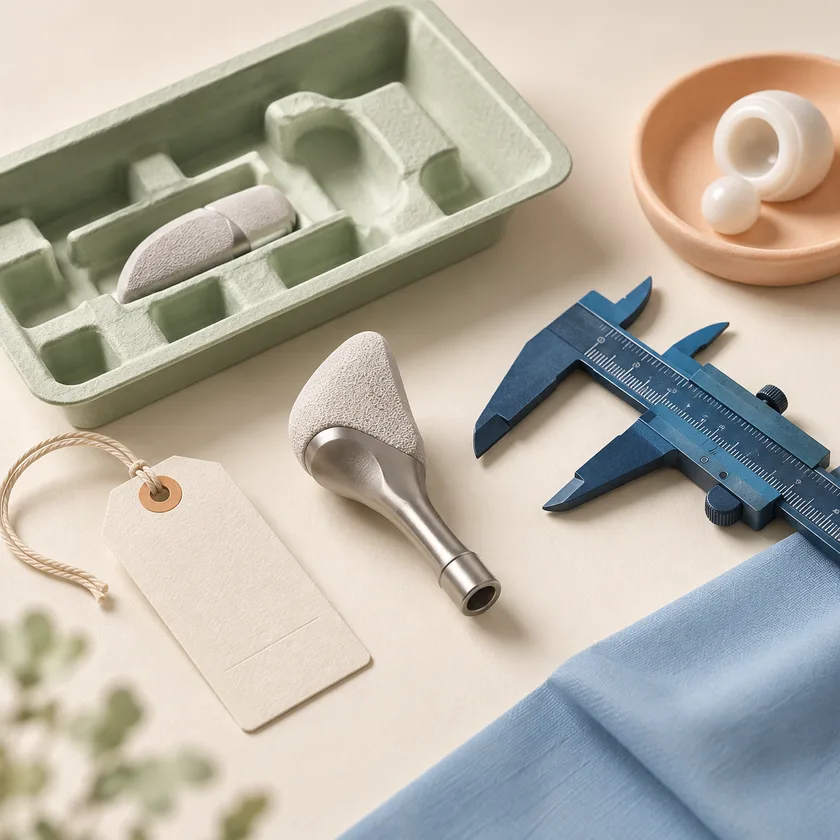 A carefully arranged medical-device component, an ivory traceability tag, blue caliper and pale green protective tray.