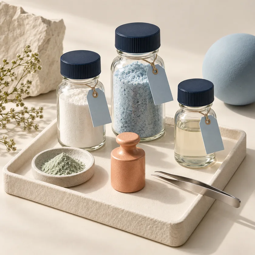 Three precisely arranged sealed reference-material bottles on an ivory specimen tray with pale blue identity tags and an apricot balance weight.